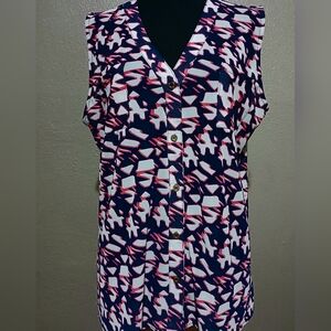 Women's abstract print sleeveless blouse in navy/pink/white EUC